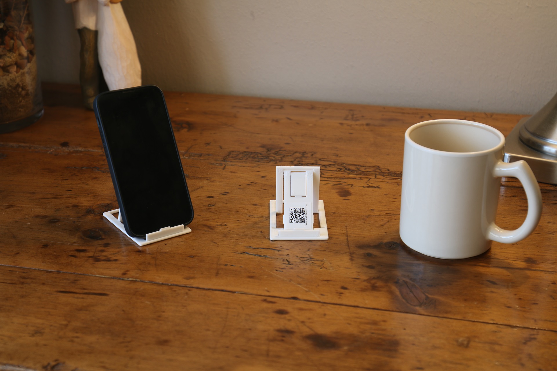 Wallet sized phone stand, WalletStand, in use.